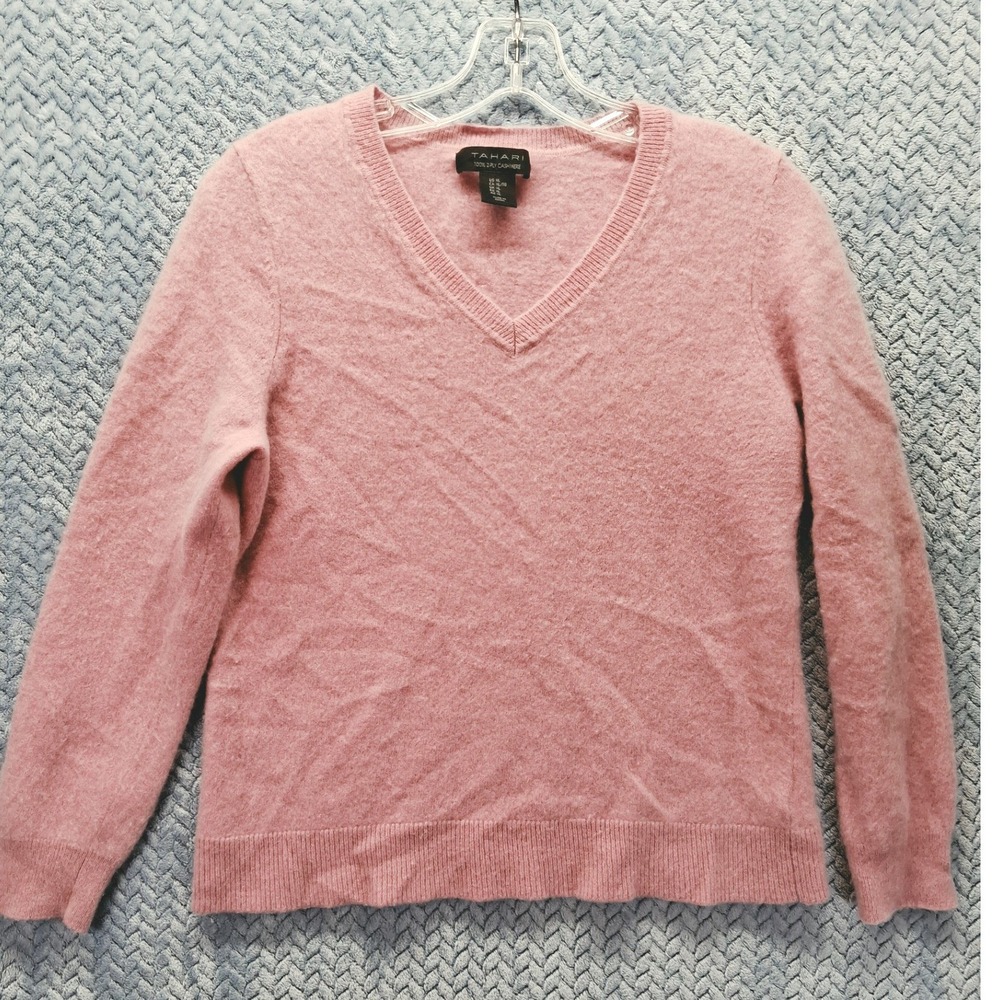 Tahari Girls 100% 2-Ply Cashmere V-Neck Sweater Pink XL Classic Knit Pullover